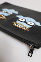 Black Leather #DGFAMILY Embellished Men Zip Pouch Bag