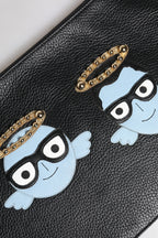 Black Leather #DGFAMILY Embellished Men Zip Pouch Bag